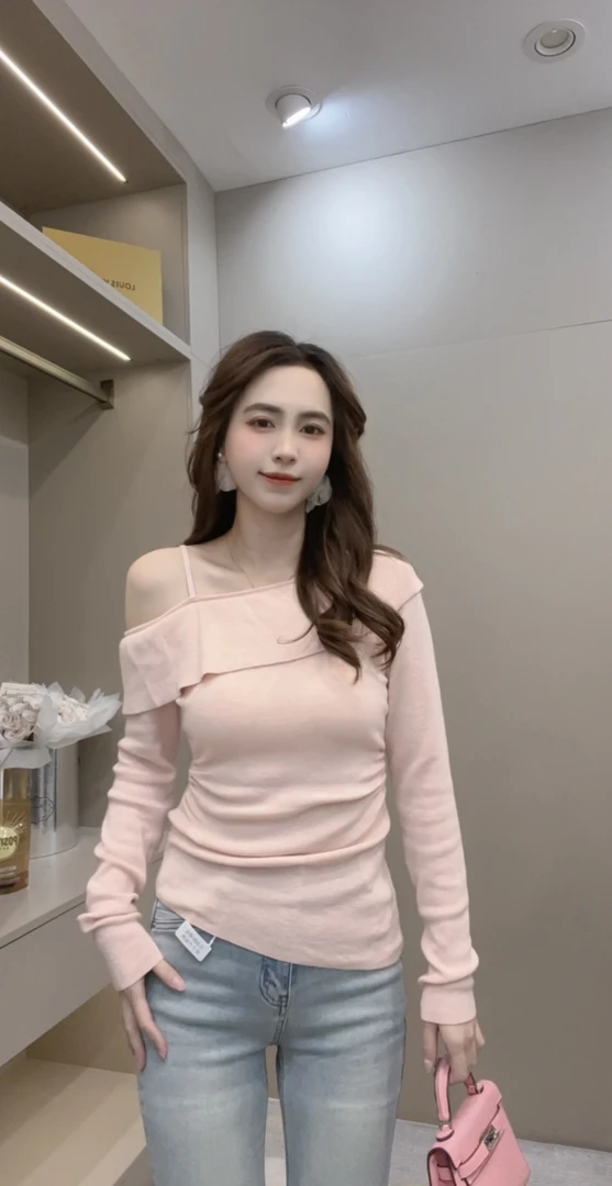 敏敏推荐【紫梦星河】早春纯欲风荷叶边斜领露肩长袖针织衫女5160