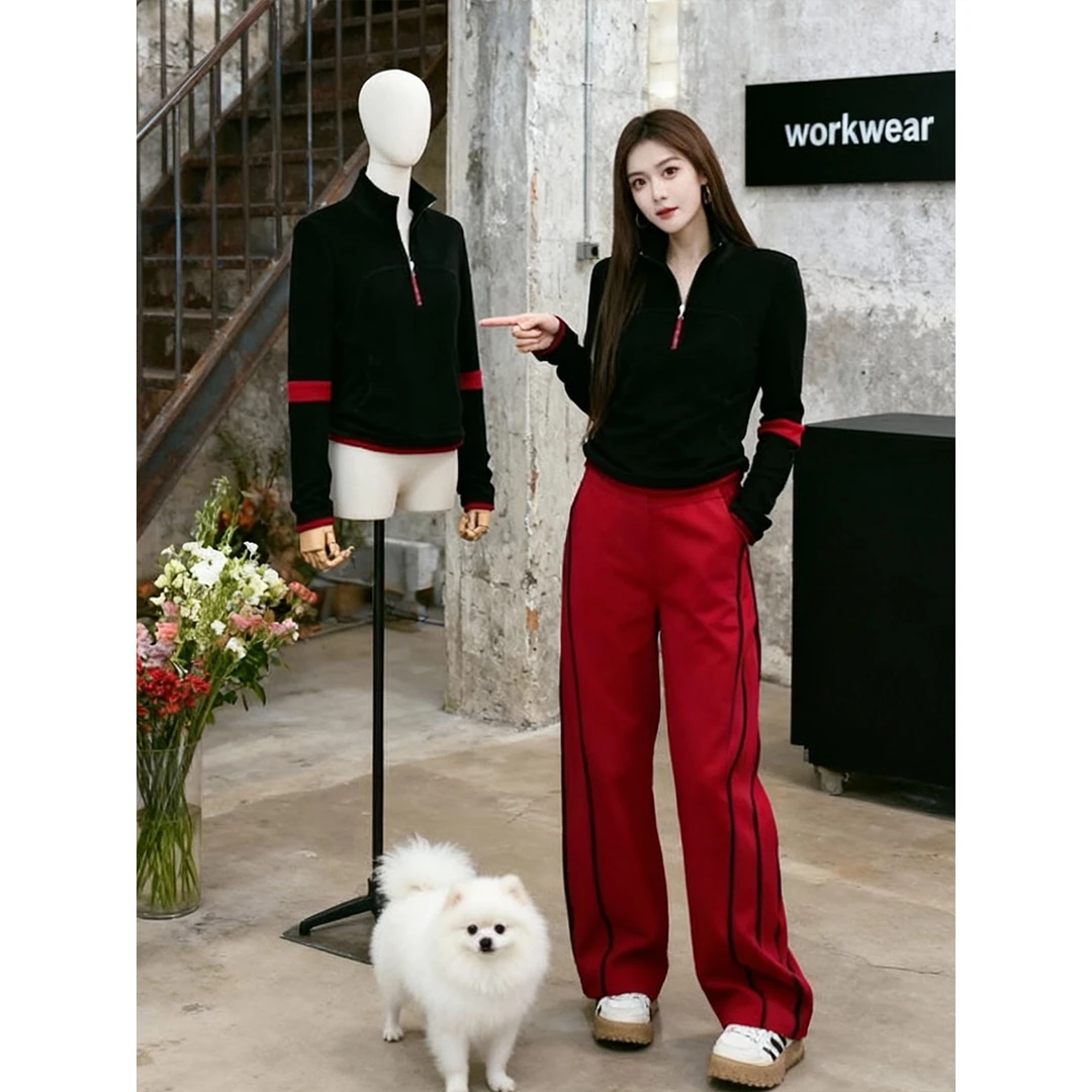 秋冬季减龄穿搭一整套设计感长袖黑红撞色长袖上衣直筒裤两件套装