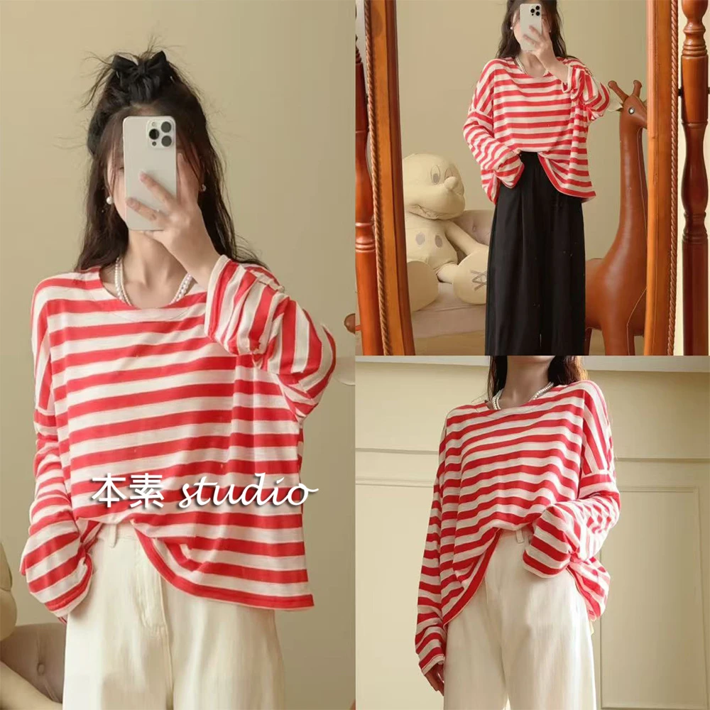 草莓千层C4686条纹蕾丝贴布圆领长袖T恤