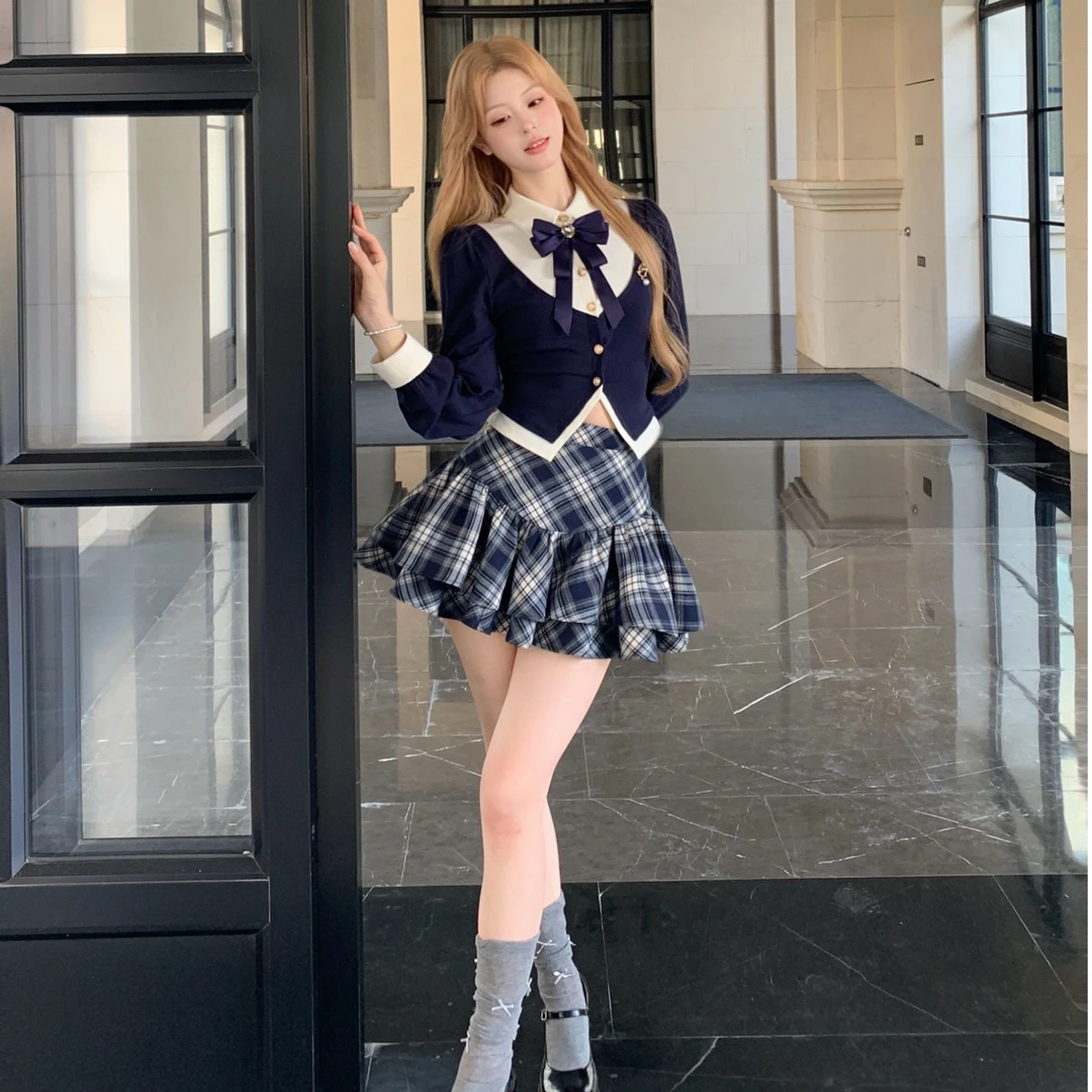 Blovelan秋日信封 大小姐学院风假两件上衣+韩系格纹半裙套装
