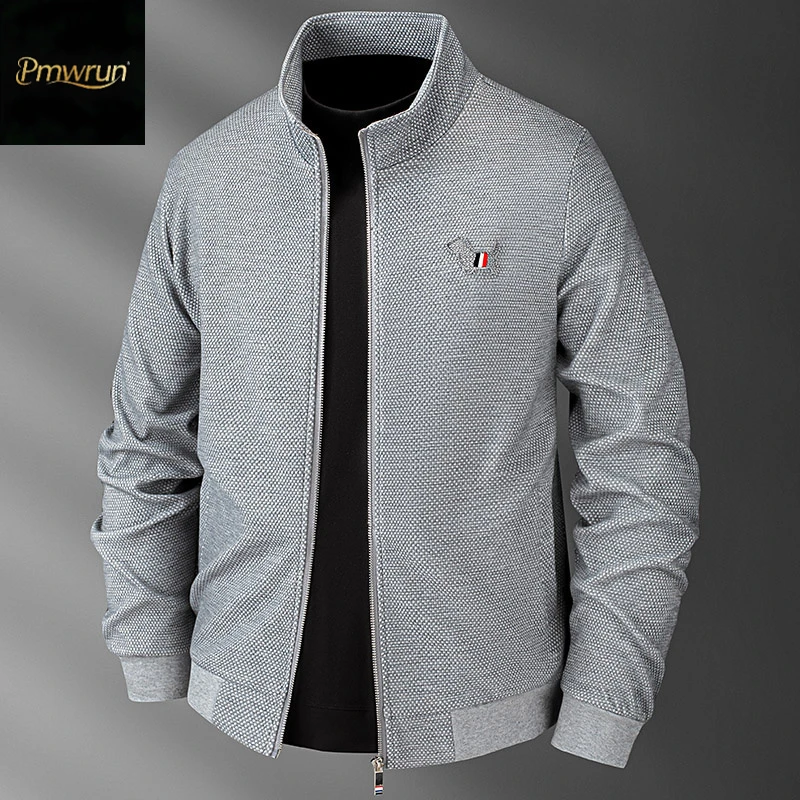 新款休闲百搭修身灰色卫衣开衫男士时尚上衣秋季美式立领刺绣外套