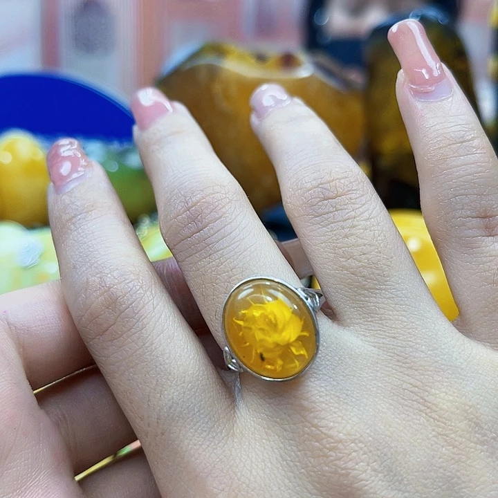 琥珀银S925镶嵌颈饰戒指