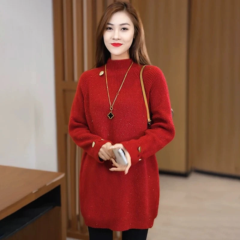 中长款半高领套头毛衣女秋冬2024新款宽松慵懒高级感遮屁股针织衫