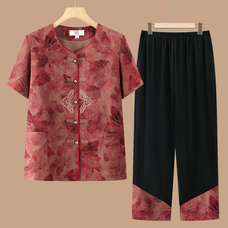 奶奶装夏装中老年人短袖女妈妈夏季富态开衫t恤婆婆6070岁两件套