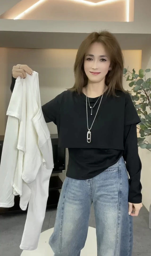 欧货2025春季新款显瘦百搭圆领套头拼接假两件长袖T恤上衣女