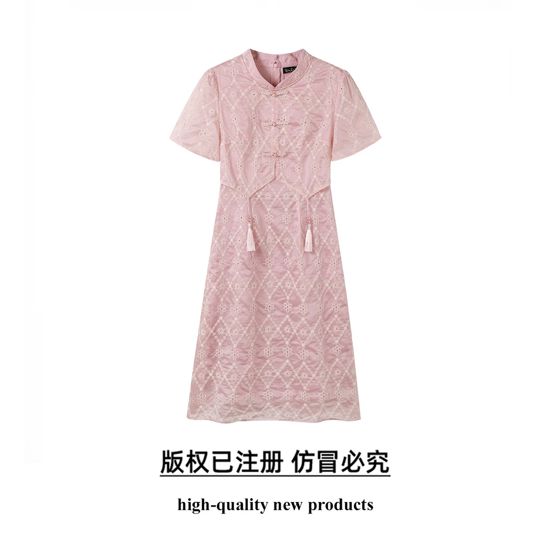 奢姿大码女装2025夏季时尚短袖盘扣连衣裙胖妹妹气质拼接显瘦裙子