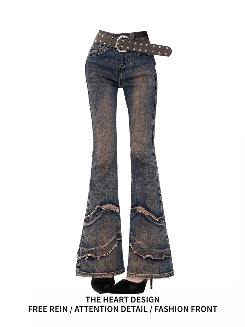 美式复古辣妹风微喇牛仔裤女2026年春季新款高腰显瘦毛须边长裤子