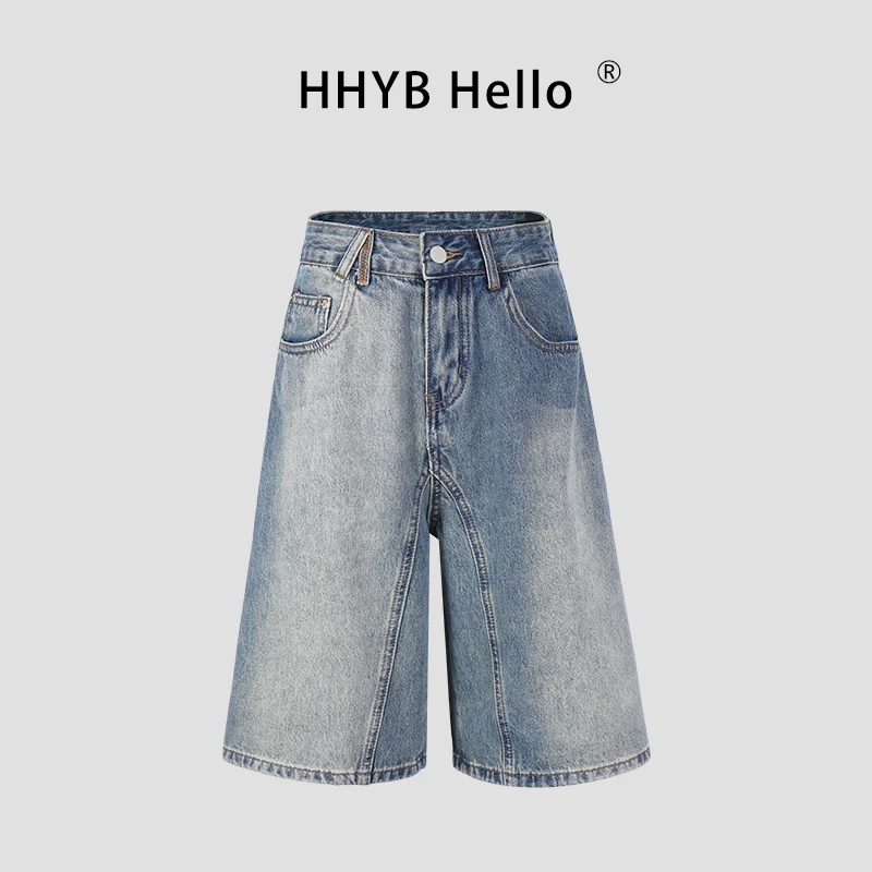 HHYB Hello【Q】2025新款百搭蓝色渐变复古阔腿五分中裤女Q254154