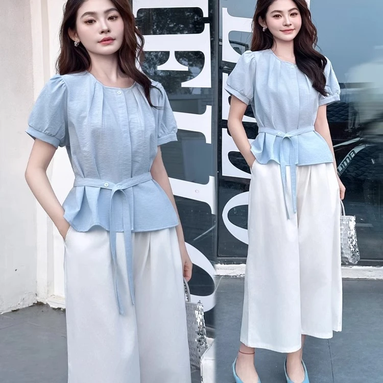 法式圆领系带短袖衬衫阔腿裤套装女2025夏季新款洋气减龄两件套潮