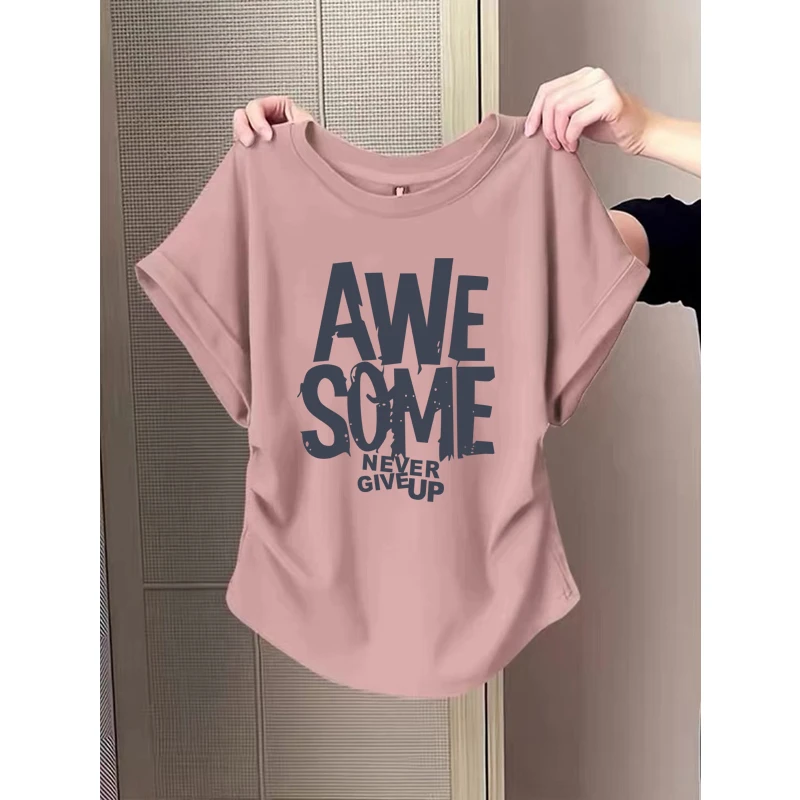 小飞袖褶皱正肩短袖t恤女夏季2025新款设计感收腰显瘦圆领上衣潮