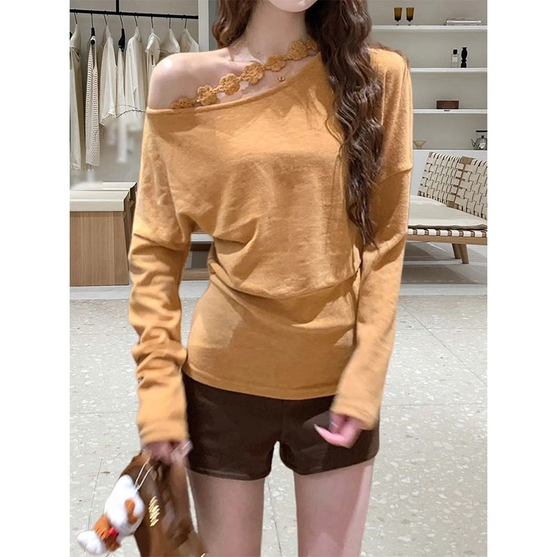 固质韩系温柔风立体钩花斜肩收腰小衫女装秋季设计感修身内搭上衣