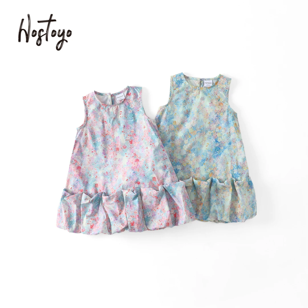 【皇室童缘】2025女童连衣裙度假风扎染碎花无袖连衣裙夏季