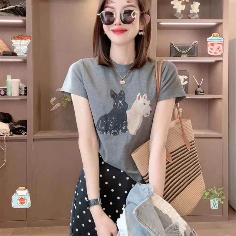 夏季印花减龄圆领韩版小众T恤女小个子时尚显瘦百搭打底体恤上衣