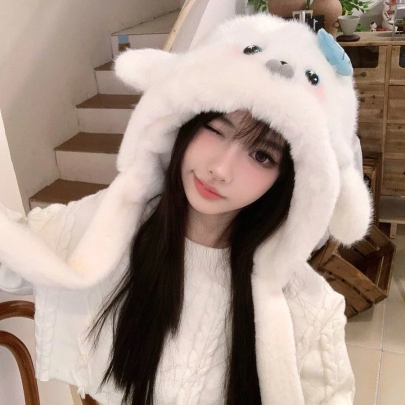 【宝贝】可爱甜美海豹耳朵会动毛绒渔夫帽子秋冬保暖防寒学生护耳帽