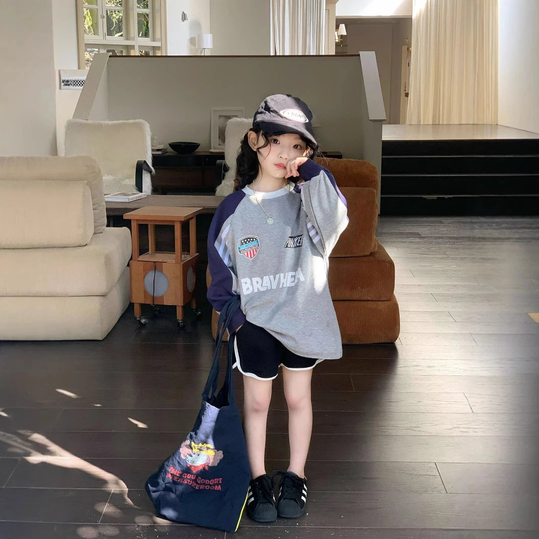 《甜小七》女童2025年春季韩版休闲撞色长款字母卫衣休闲短裤套装