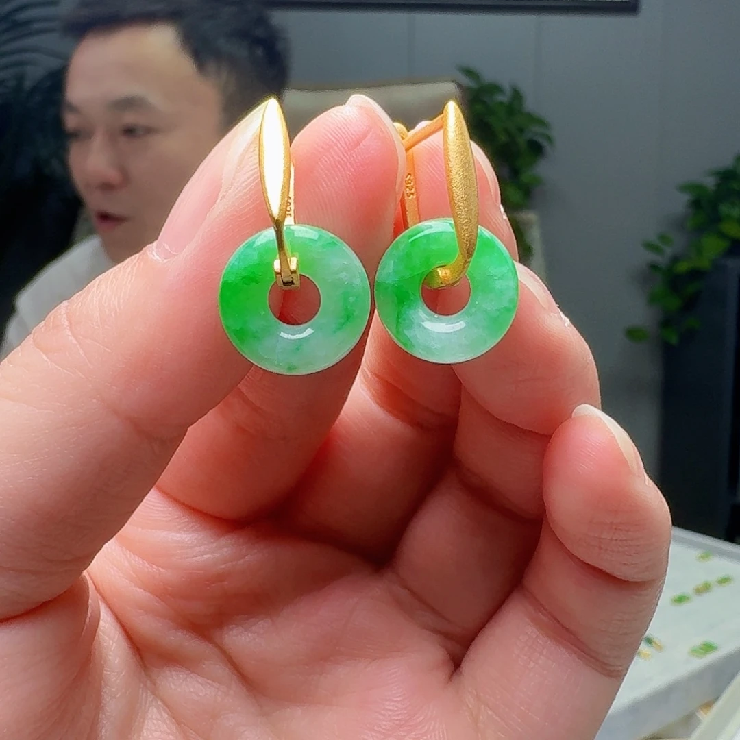 翡翠银S925镶嵌耳饰天然