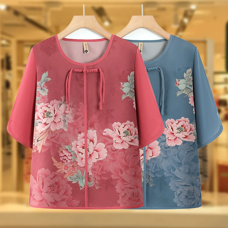 妈妈夏套装2025新款短袖国风T恤女中老年人女奶奶夏中袖老人衣服