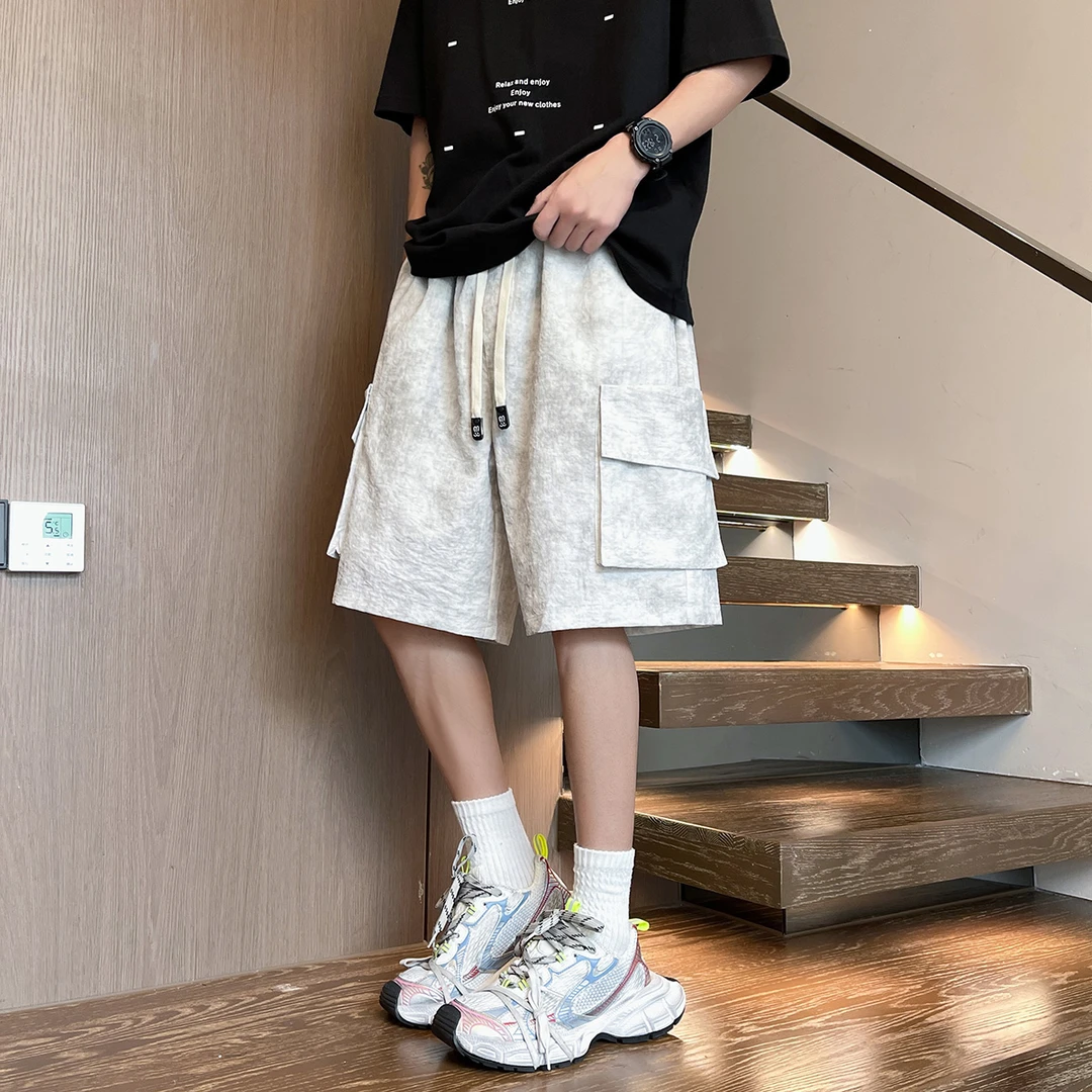 扎染工装短裤男夏季薄款潮牌美式休闲中裤宽松直筒外穿五分裤