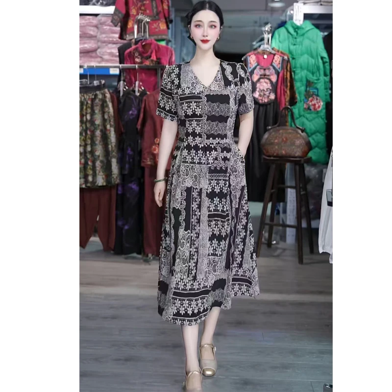 夏季碎花裙中长裙套头连衣裙显瘦复古夏装印花V领裙子
