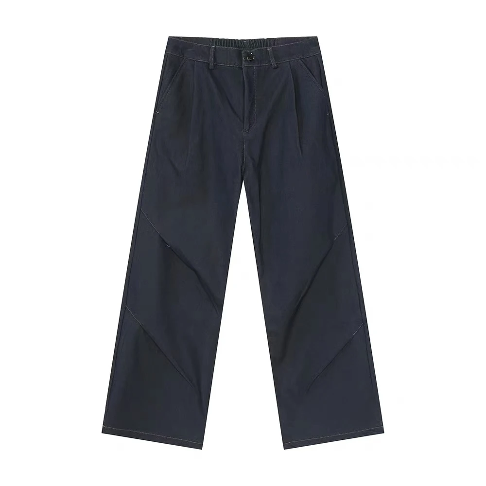 清C 美式复古褶皱阔腿加绒牛仔裤休闲裤直筒男式