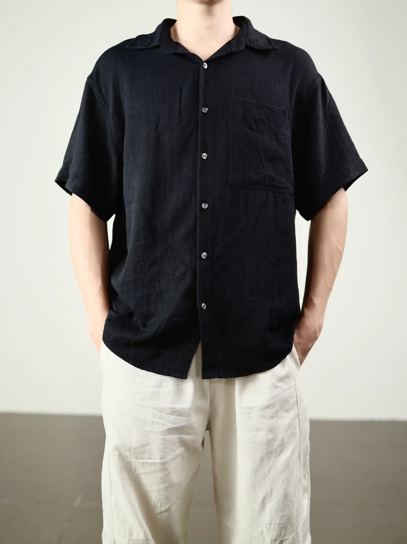 町纶春秋新款棉麻混纺中袖衬衫套装黑色百搭通勤休闲装