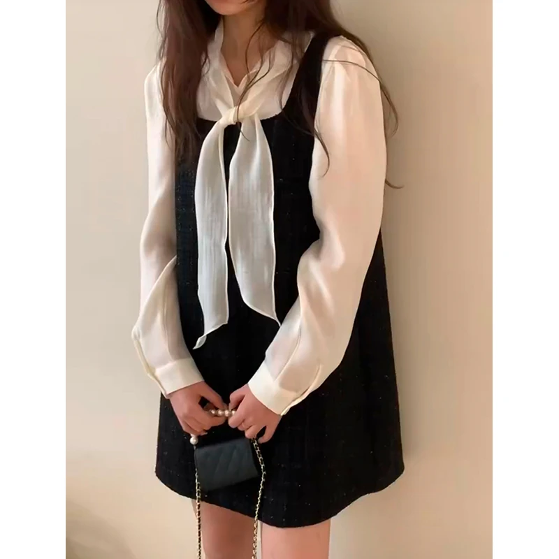 韩国东大门新款法式小香风显瘦背心裙 微透飘带甜美衬衫两件套春