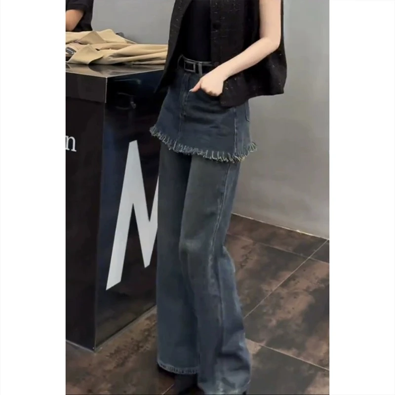 2025春季新款假两件微喇牛仔裤子女梨形身材大码胖mm阔腿喇叭裤子