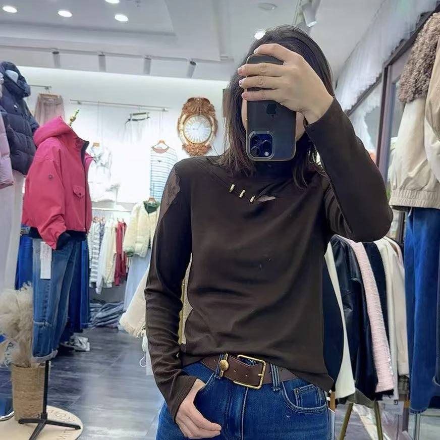 冬新品半高领拼接蕾丝设计气质高档优雅淑女修身显瘦T恤打底衫女