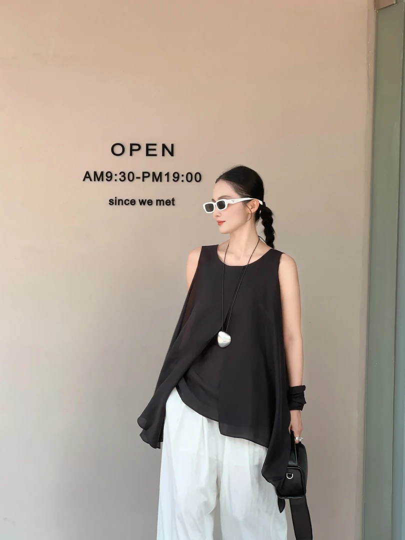 夏季新款洋气衣服女韩系薄款围巾领无袖衬衫气质宽松休闲阔腿裤