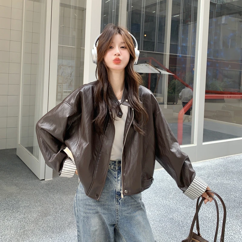 咖色美式复古炸街甜酷风皮衣外套女2025秋季新款机车范百搭皮夹克