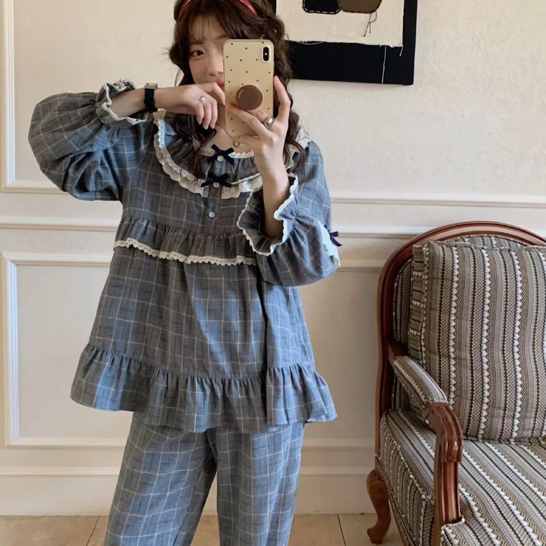 泡菜款/韩系秋冬纯棉甜美蕾丝花边格子方领长袖裤睡衣套装可外穿