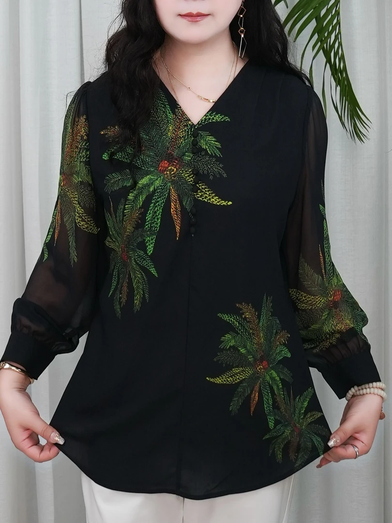 5427春夏季新款女士T恤大码200斤气质绉丝乔其高档衬衫女显瘦百搭