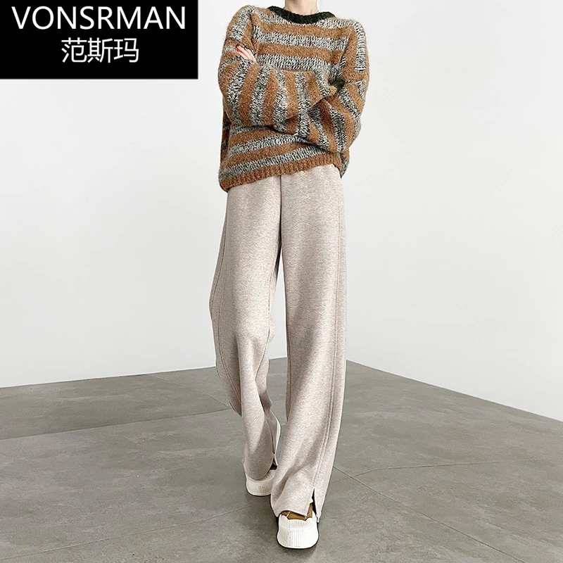 加绒裤子女冬季2025新款高腰直筒羊毛弯刀裤窄版人字纹毛呢阔腿裤