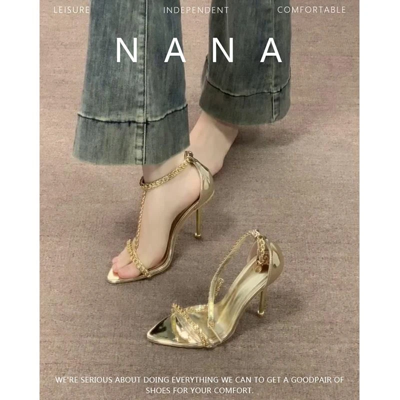 【澳门专柜正品】2025新款春夏季金色一字带链条高跟鞋性感尖头细跟