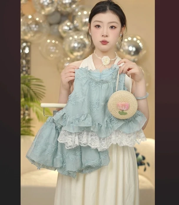 【MM】2025夏季女童公主蓝色碎花蕾丝复古法式无袖甜美套装