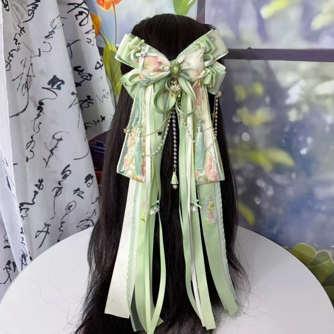 《蜀绣》绿色荷花古风森系搭配汉服长飘带蝴蝶结头饰发夹