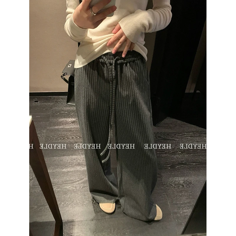 耶古洋气黑灰条纹毛呢休闲阔腿裤女秋冬季宽松显瘦高腰垂感直筒裤
