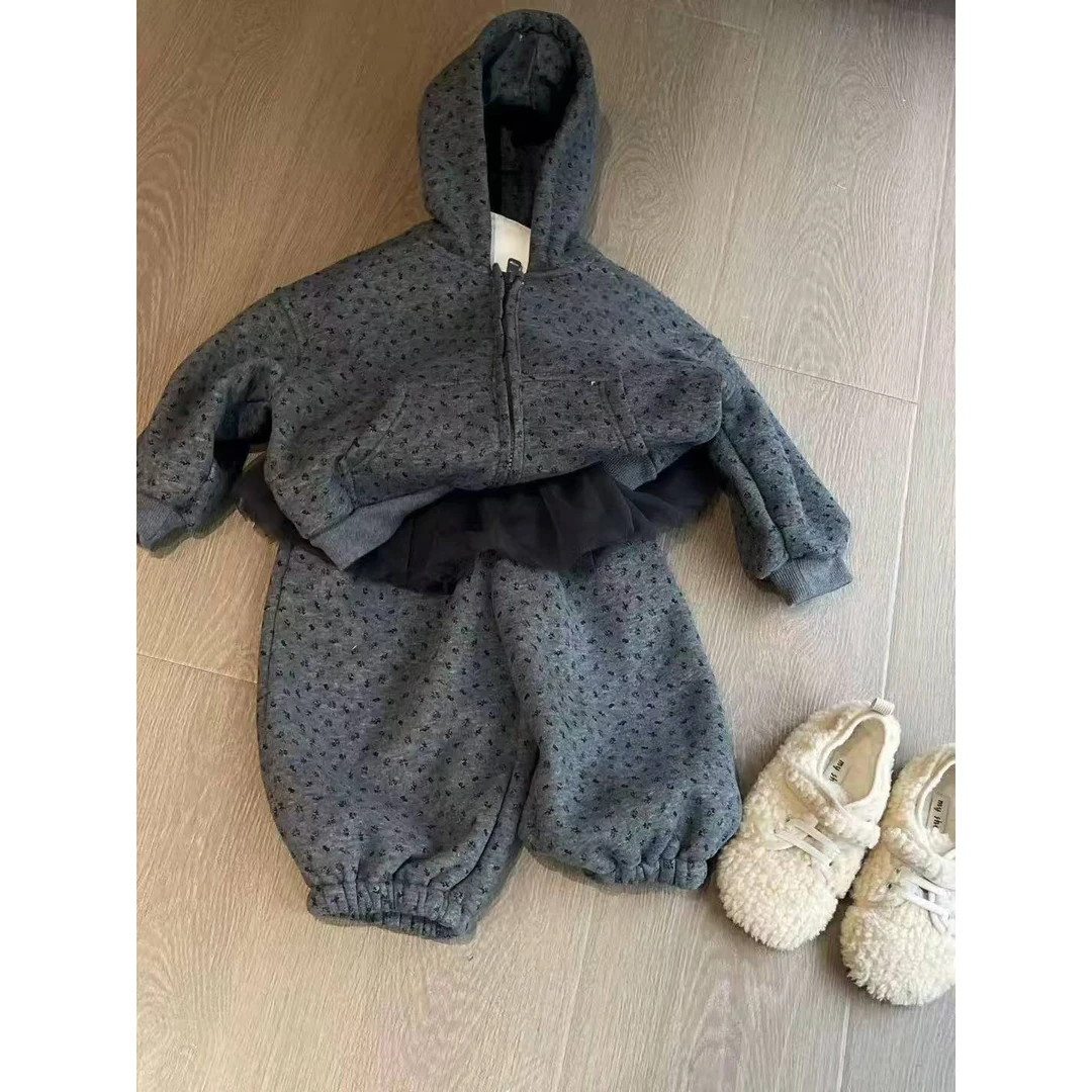 KK树【断码】女童加绒套装2025冬季新款碎花连帽卫衣网纱屁帘假两件