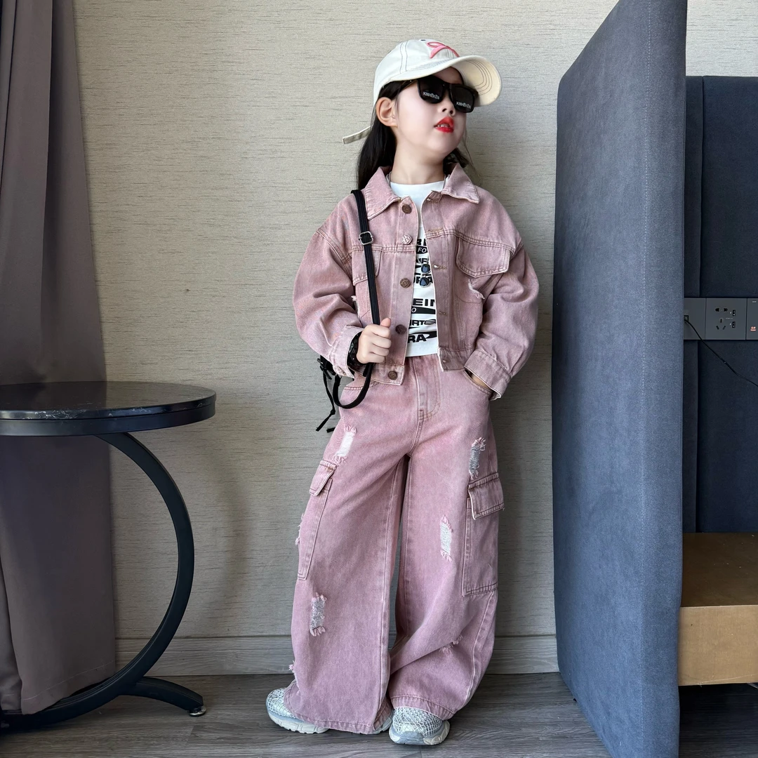 女童秋季韩版潮酷时髦牛仔破洞两件套中大童工装风阔腿裤套装潮