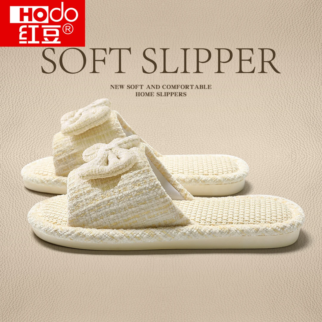 红豆蝴蝶结全亚麻拖鞋女款2025新款室内家居透气防臭地板棉麻拖鞋