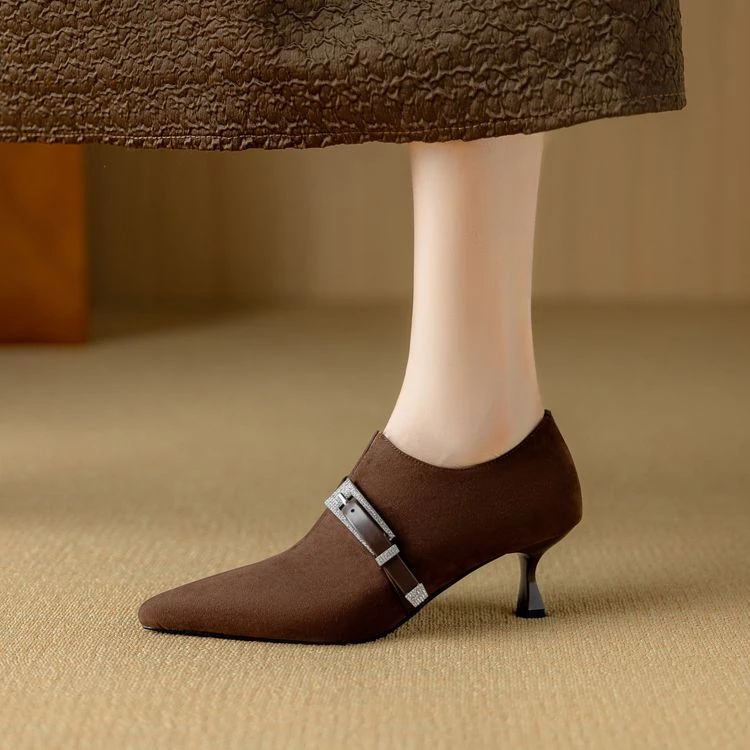 里外纯皮～羊皮5.5cm尖头复古显瘦气质裸靴百搭女深口单鞋春季细跟