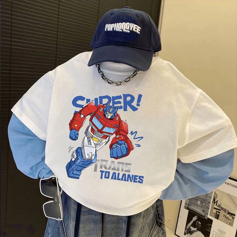 新款春秋帅气时髦男童宝宝潮流T恤街头风卡通纯棉休闲上衣假两件t