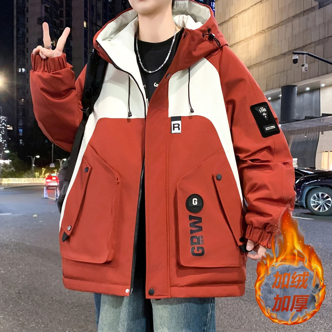 2025宽松男士百搭潮流兔毛加绒韩版外套青少年学生男装连帽上衣