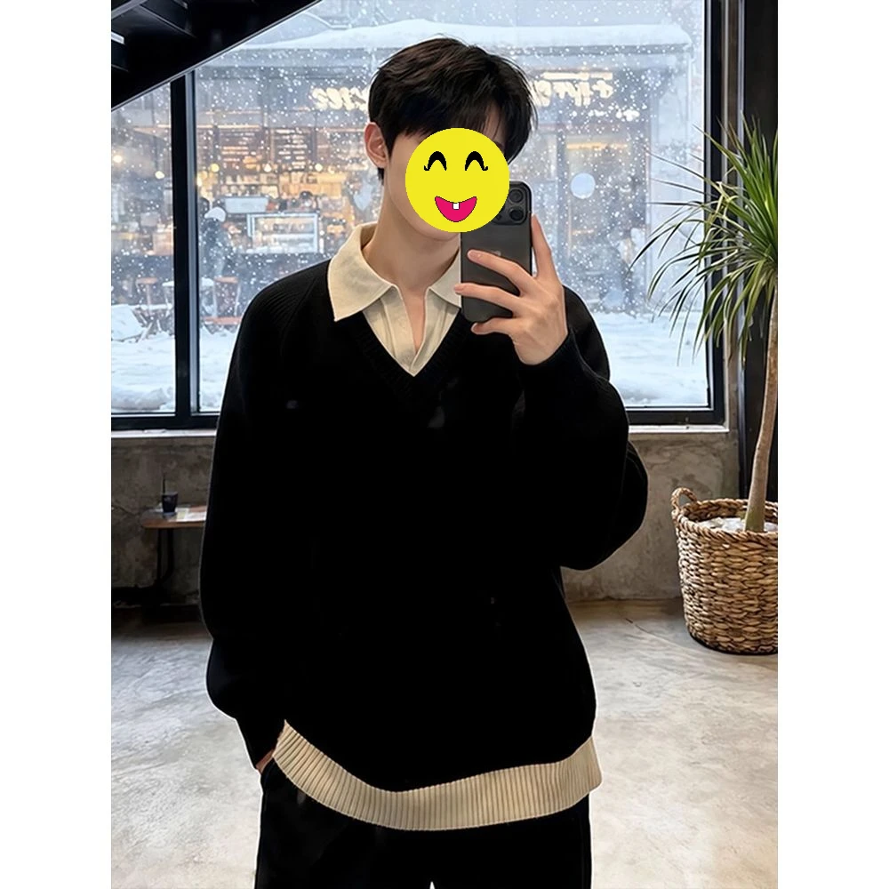 黑色假两件翻领毛衣男款秋冬季慵懒风撞色Polo领针织衫内搭打底衫