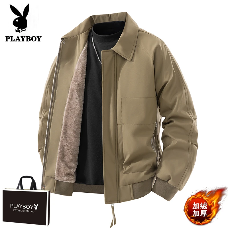 花花公子秋季加绒翻领美式潮牌夹克男青年时尚百搭休闲工装外套潮