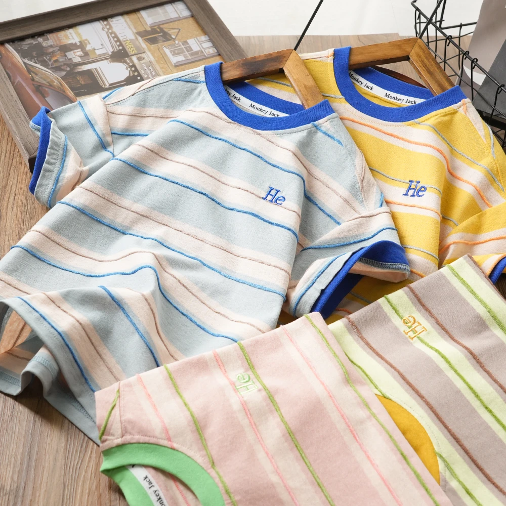 夏季新款男童拼接条纹He短袖T恤中大童撞色圆领半袖百搭2309