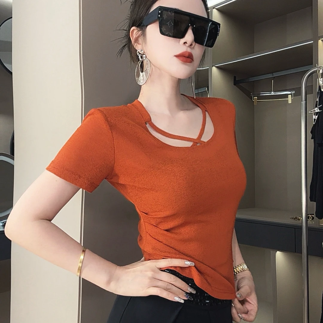 莎火火-原创新款修身显瘦褶皱竹纱网弹力短袖体恤衫3023