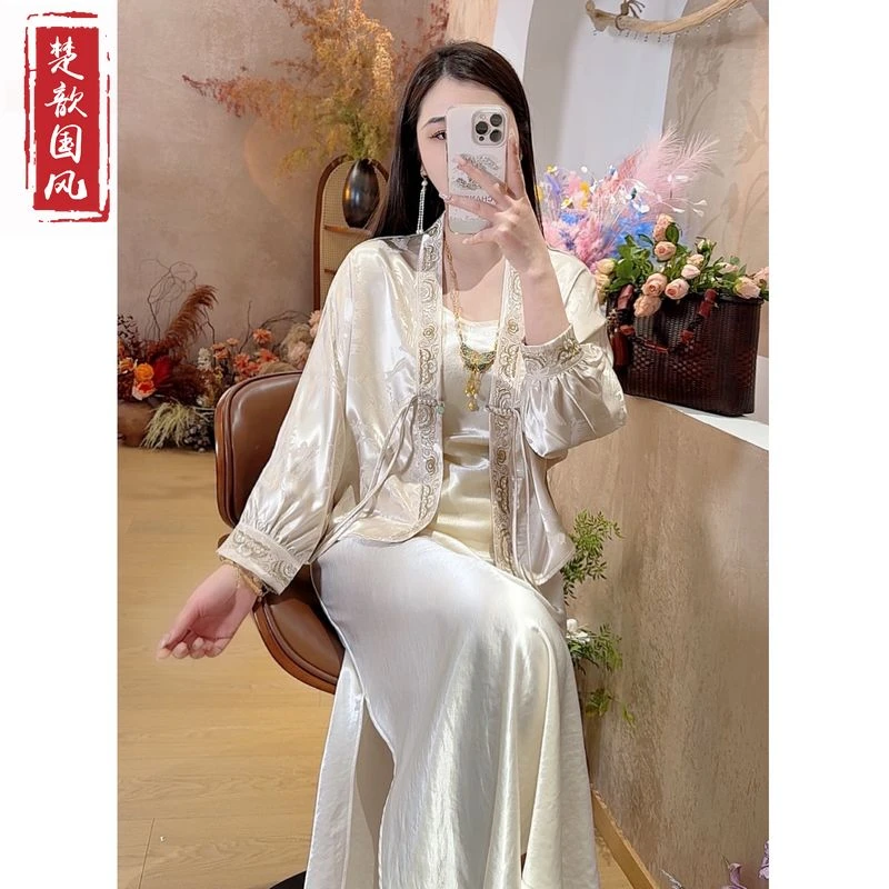 【书瑶】2025新款夏季新中式宽松外套国风夏天V领提花薄款上衣女装