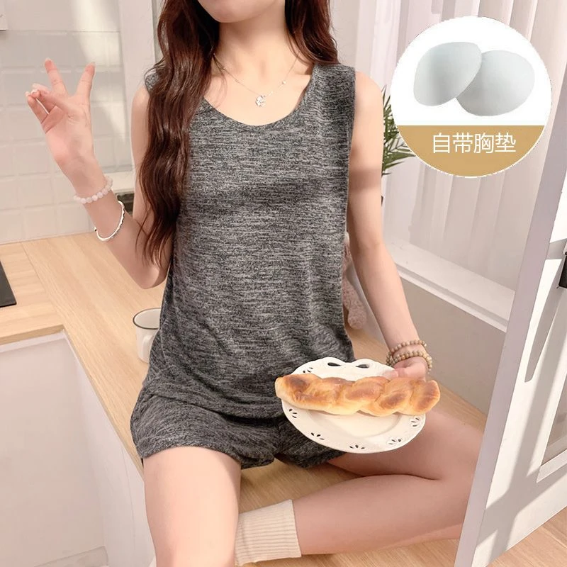 背心套装彩棉2025年夏季睡衣女款带胸垫短袖短裤家居服宽松简约