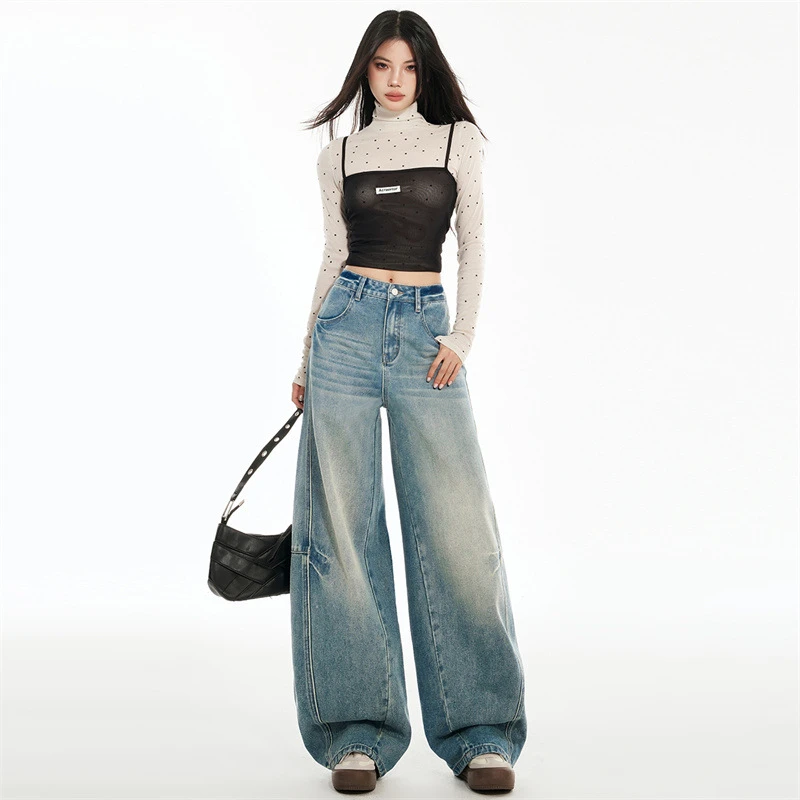 宽松窄版弯刀牛仔裤女2025新款美式扎花折痕设计感慵懒阔腿休闲裤